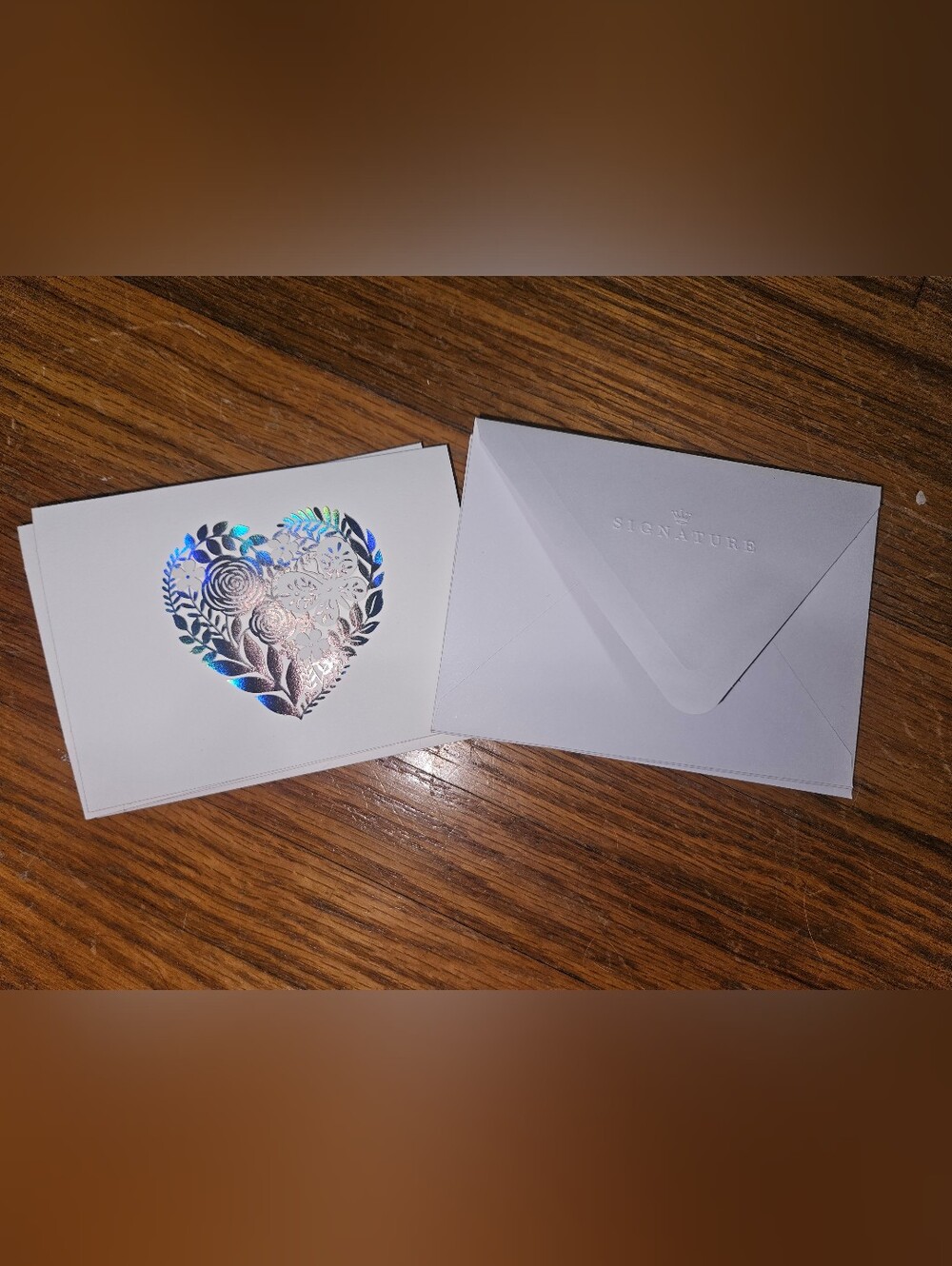 Signature Set Of 4 Note Cards with Iridescent Holographic 3D Heart Blank Inside